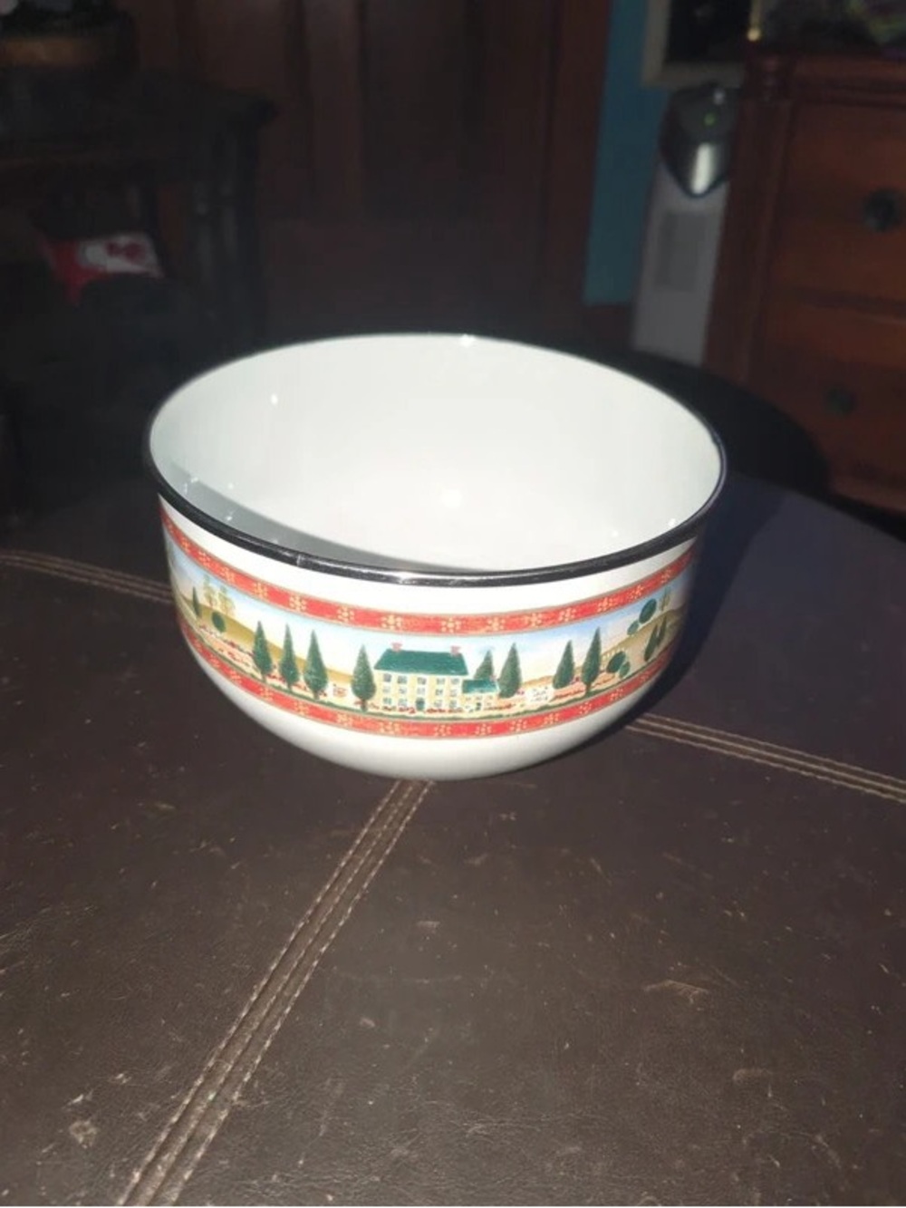 White Ceramic Serving Bowl with Scenic Holiday Band